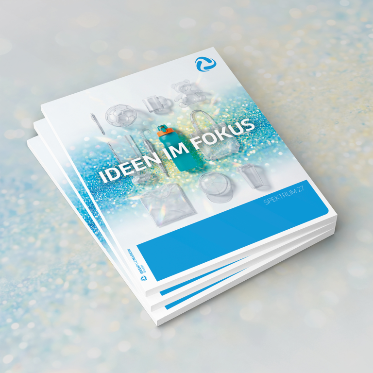 Ideen im Fokus, Spektrum 27, mit transparenten Produkten auf glitzerndem Hintergrund.
